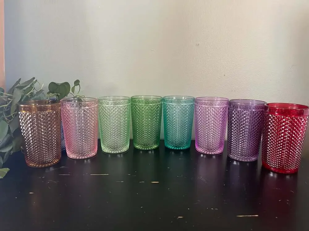 Set of 8 Multicolored Diamond Pattern Hobnail Textured Glass Drinking Tumblers - Picture 2 of 7
